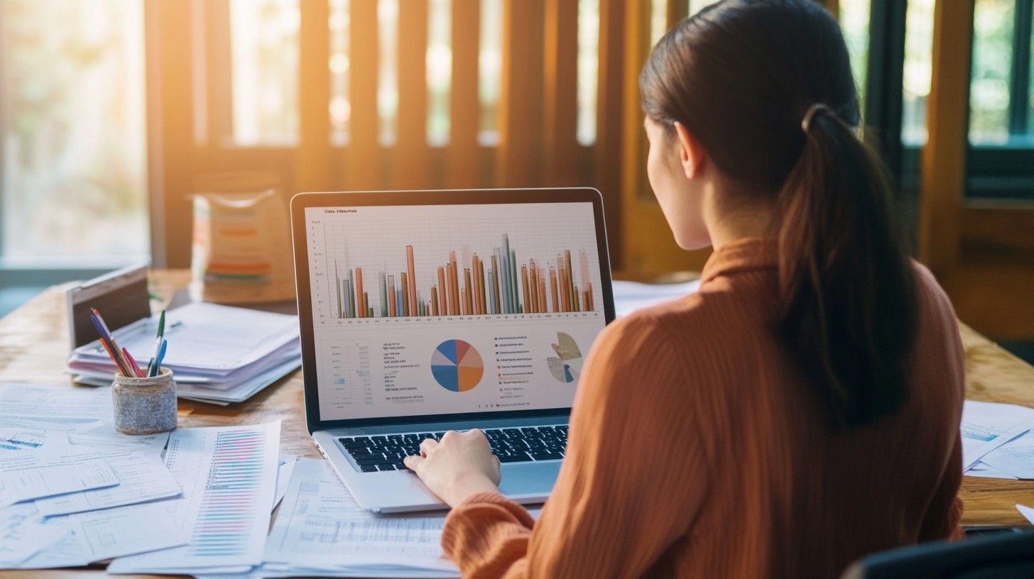 Analyst reviewing truck and trailer market data charts on laptop